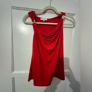 Calvin Klein Red Sleeveless Blouse – Size M | Elegant Draping with Gold Details